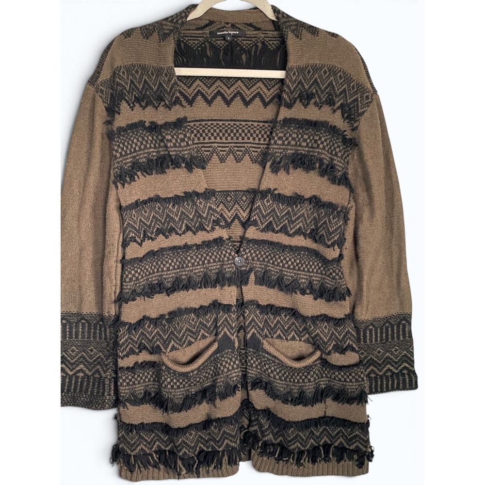 Nanette Lepore Fringe Cardigan Brown Black Wool Cashmere Boho Southwestern Small